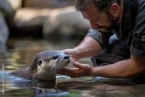 zoo keeper caring for a baby otter, gentle and nurturing interaction, bright natural lighting, detailed and heartwarming wildlife setting photo