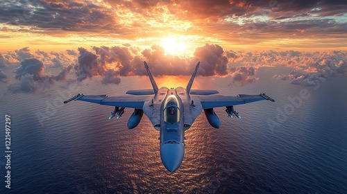 Supersonic Sunset:  A Fighter Jet Soaring Above the Ocean at Golden Hour