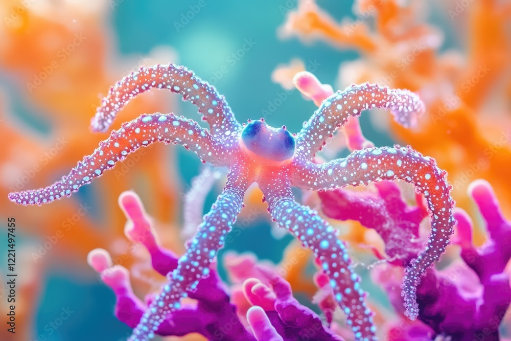 A vibrant, speckled starfish clings to bright pink and orange coral in a mesmerizing underwater scene. A vibrant, speckled starfish clings to bright pink and orange coral in a mesmerizing underwater scene.