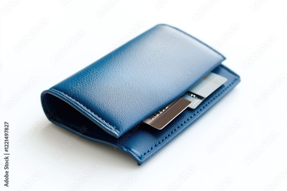 A blue wallet containing a credit card A blue wallet containing a credit card