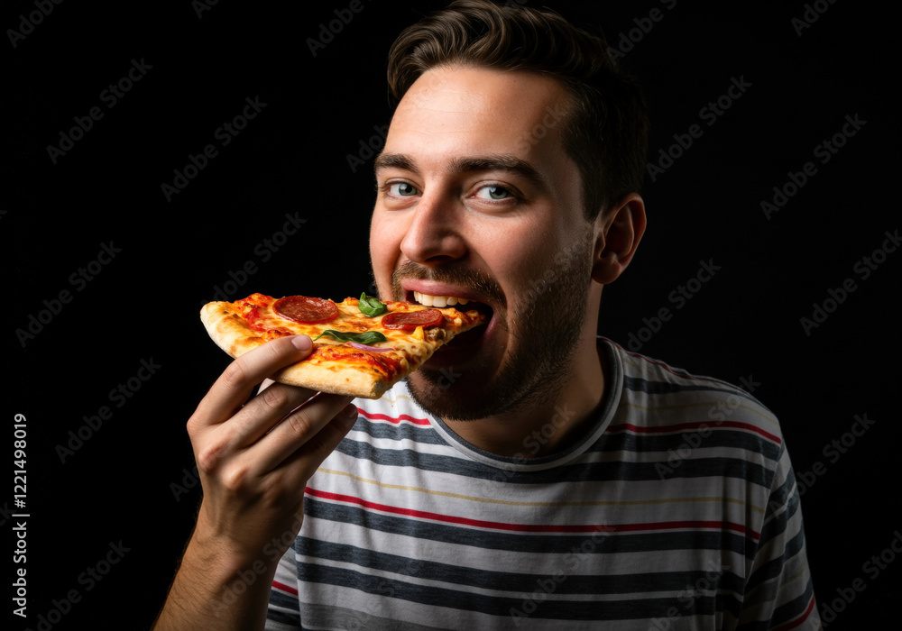 Man eats a slice of pizza with pleasure Man eats a slice of pizza with pleasure