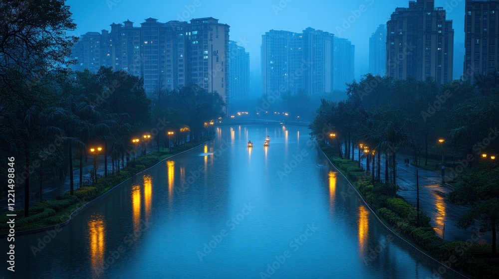 Fototapeta premium Serene Cityscape: Nightfall Reflection on a Misty Canal