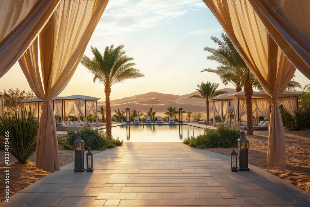 Fototapeta premium Desert retreat with cabanas and tranquil shimmering oasis