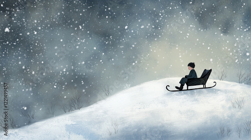 An artwork showing a boy on a sleigh going down a slope in a village setting. photo