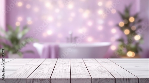 Wooden table top for product display on the blurred bathroom background