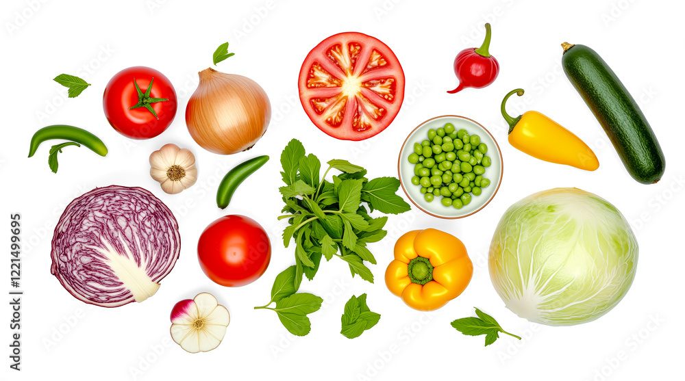 Fresh Vegetables Flat Lay isolated on Transparent Background: Colorful Assortment for Healthy Recipes and Vegetarian Cuisine. Top View of Tomatoes, Cabbage, Peppers, and More. PNG Image, Cut Out. Fresh Vegetables Flat Lay isolated on Transparent Background: Colorful Assortment for Healthy Recipes and Vegetarian Cuisine. Top View of Tomatoes, Cabbage, Peppers, and More. PNG Image, Cut Out.