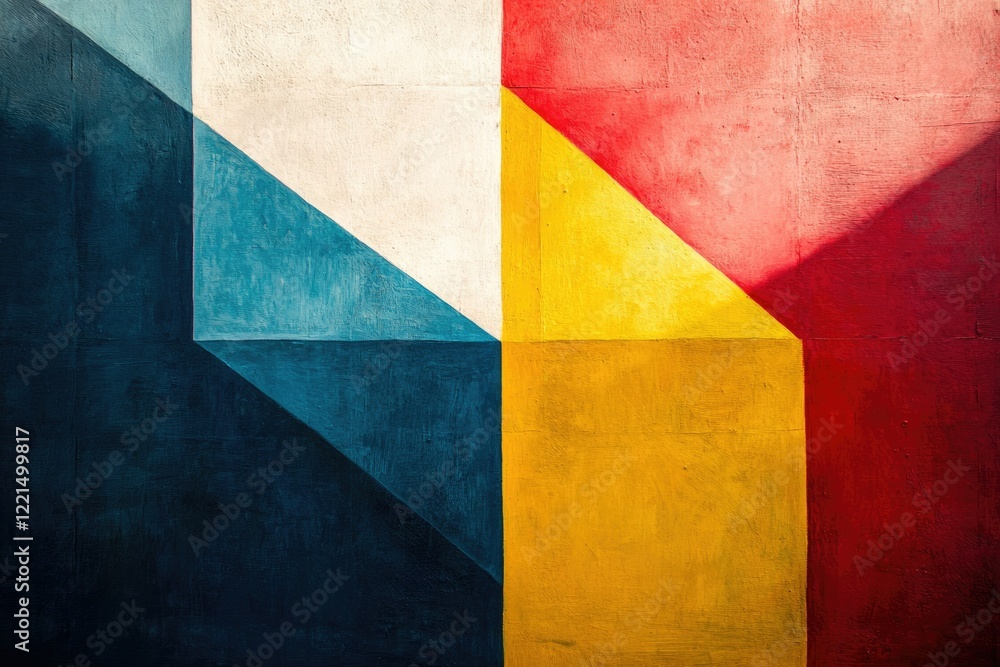 Abstract geometric wall art with bold colors like blue, yellow, red, and white forming angular shapes. Abstract geometric wall art with bold colors like blue, yellow, red, and white forming angular shapes.