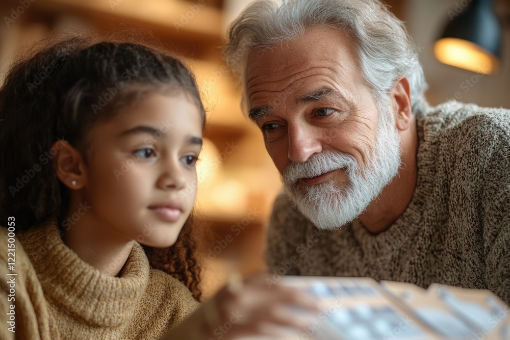 Grandfather and granddaughter share a tender moment, looking at photos together, creating lasting memories. Grandfather and granddaughter share a tender moment, looking at photos together, creating lasting memories.