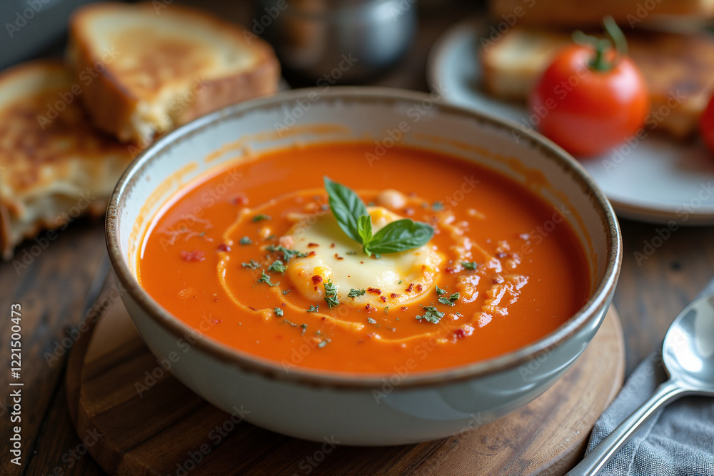 Comforting bowl of tomato soup with grilled cheese sandwich Comforting bowl of tomato soup with grilled cheese sandwich