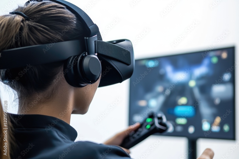 A woman focused on her gaming session with headphones on, a popular scene in modern life A woman focused on her gaming session with headphones on, a popular scene in modern life