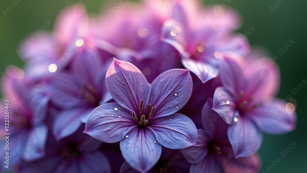 Macro photography of purple flowers with dew drops at sunrise Macro photography of purple flowers with dew drops at sunrise