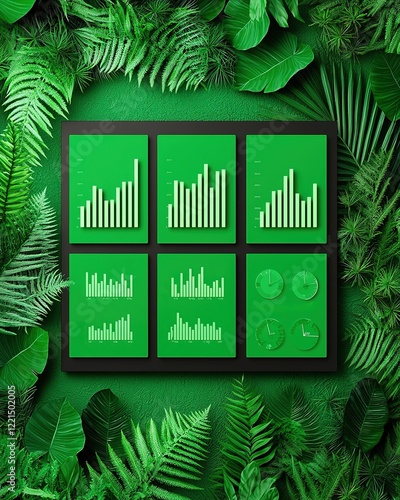 A vibrant display of green graphs and charts set against a lush foliage background, symbolizing growth and data visualization. photo