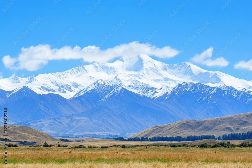 Fototapeta premium A peaceful scene of cattle grazing in a lush green field with rolling hills and blue sky