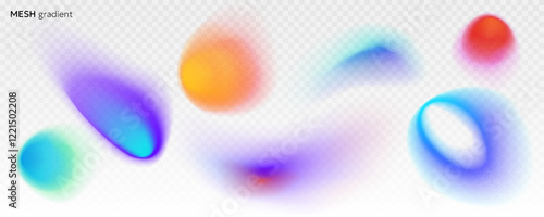 Set of soft blurry gradients various shapes. Colorful fluid paint, spots, color gradations with soft noise, grainy texture. Abstract isolated creative design elements for posters, print, web etc.