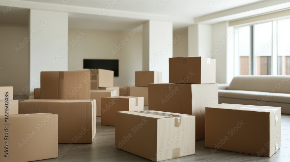 Cardboard boxes in empty room during home moving day Cardboard boxes in empty room during home moving day