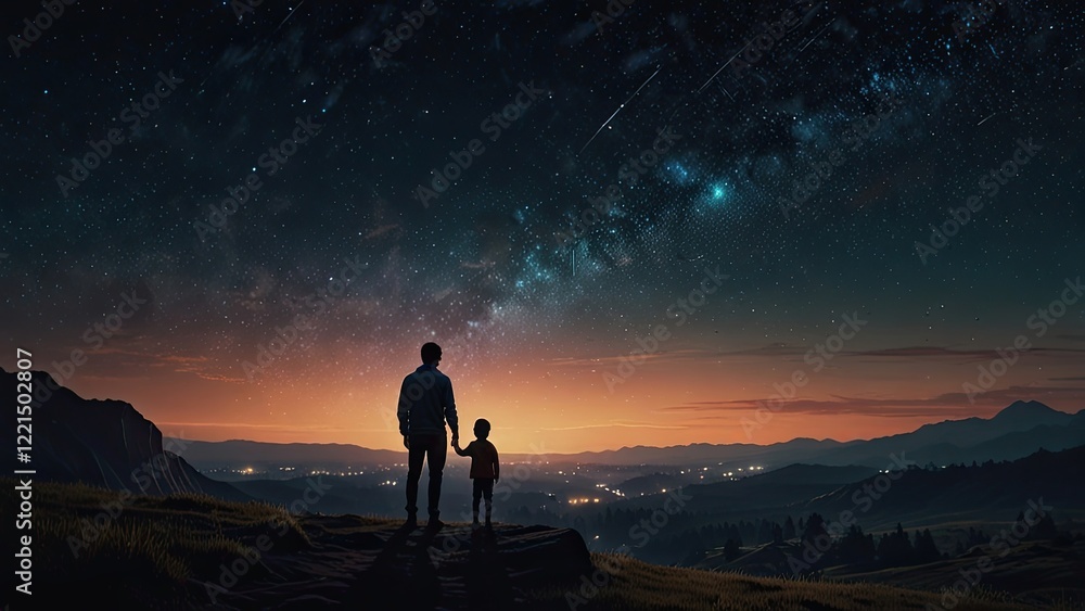 Fototapeta premium Silhouette of a Father and Son in the Mountains Watching the Stars and a Meteor Shower at Night