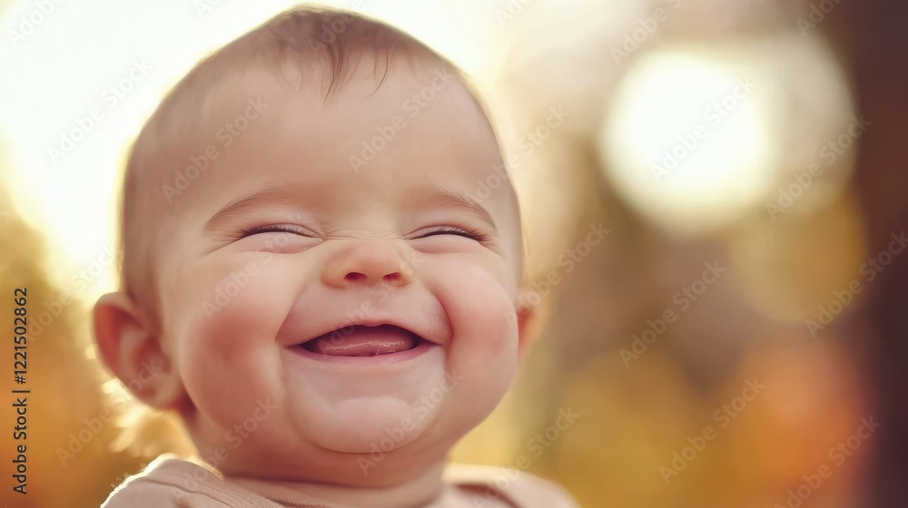 Smiling caucasian baby with bright expression in warm sunlight Smiling caucasian baby with bright expression in warm sunlight