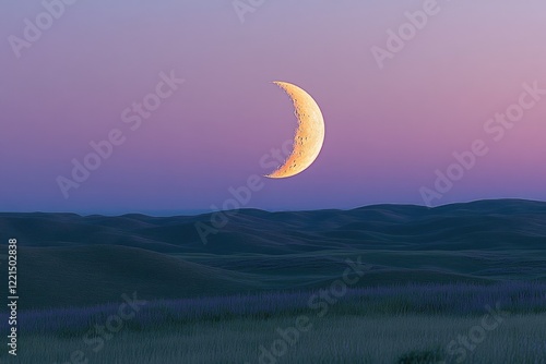 Crescent moon graces a serene landscape of rolling hills and purple wildflowers at twilight. photo