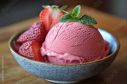 Delicious Strawberry Ice Cream with Fresh Mint and Sliced Strawberries in Rustic Bowl photo