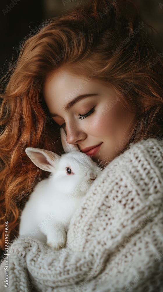 Intimate moment of a person cuddling a bunny; cozy and warm pet companionship for relaxation and comfort Intimate moment of a person cuddling a bunny; cozy and warm pet companionship for relaxation and comfort