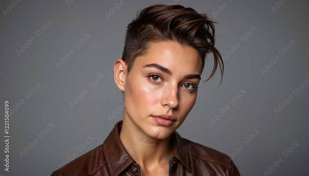 Fototapeta premium Androgynous portrait exuding confidence in leather jacket, personal style