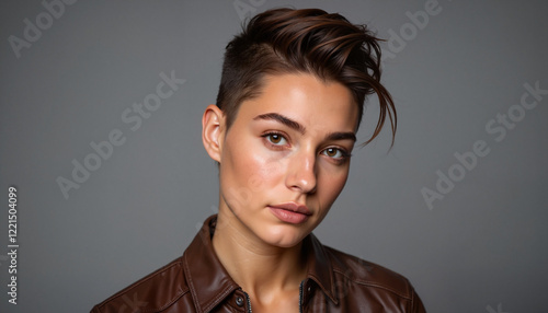 Androgynous portrait exuding confidence in leather jacket, personal style