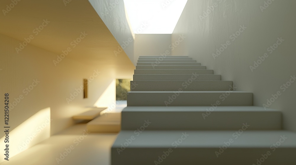 Fototapeta premium Modern minimalist stairs, sunlit interior, peaceful zen background, home design