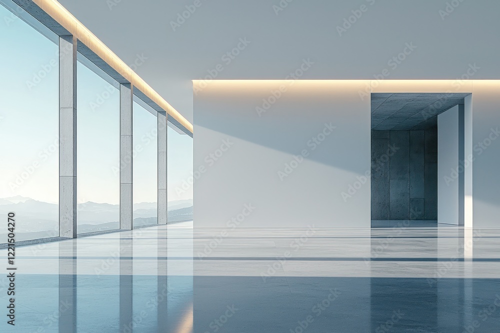 Obraz premium Modern office sunrise view, minimalist design, empty space, mountain backdrop, corporate presentation