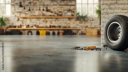Hand tools scattered near car tire on concrete garage floor, blurred shelving and brick walls suggesting mechanical workspace during vehicle maintenance process