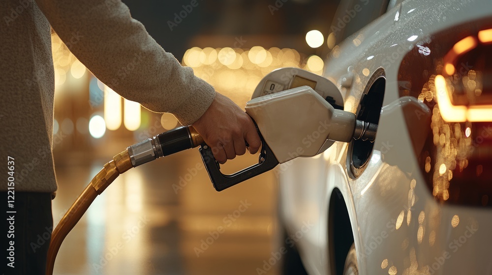 Refueling midnight vehicle at gas station, gripping fuel pump nozzle with blurred city lights glowing behind, highlighting urban nighttime atmosphere