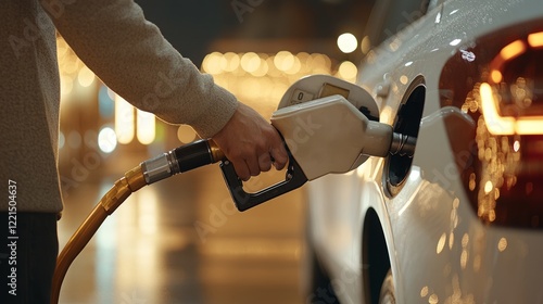 Refueling midnight vehicle at gas station, gripping fuel pump nozzle with blurred city lights glowing behind, highlighting urban nighttime atmosphere