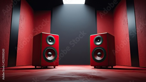 Two red speakers are centrally placed on a red surface in a dark room with a light source above.