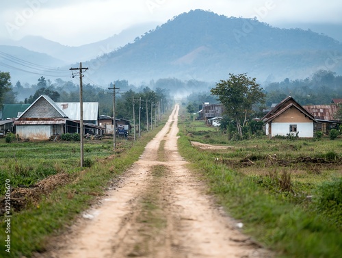 A serene rural road meanders through a peaceful landscape, flanked by quaint houses and rolling hills cloaked in mist photo