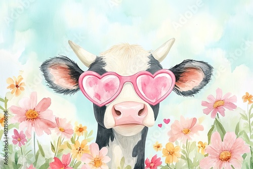 Fototapeta Naklejka Na Ścianę i Meble -  cute watercolor postcard with cow wearing pink heart-shaped sunglasses surrounded by flowers