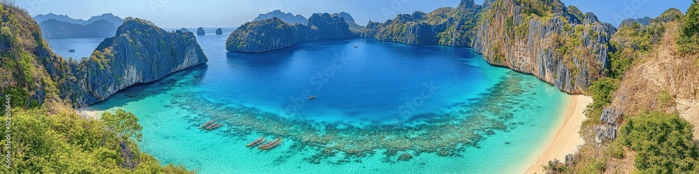 Fototapeta premium Pristine Tropical Beach Paradise with Crystal Clear Turquoise Waters and Lush Green Cliffs in Stunning Panoramic View of Island Hideaway Ideal for Travel Enthusiasts