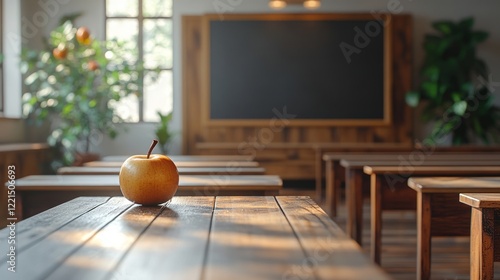Yellow apple sitting on wooden teacher's desk inside empty rustic classroom, soft sunlight casting warm glow through window, capturing peaceful educational ambiance