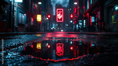 Fototapeta Naklejka Na Ścianę i Meble -  Neon-lit city street puddle reflection at night