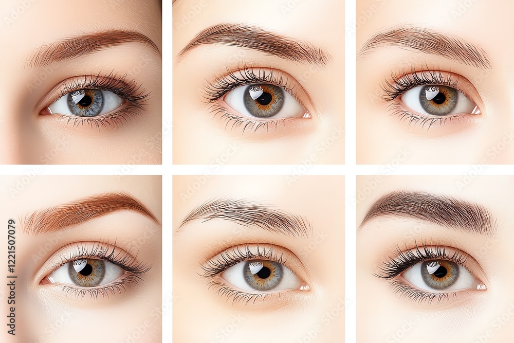 Naklejka premium A collection of various eye styles showcasing the beauty of human features, highlighting different eye colors and eyebrow shapes, perfect for beauty and fashion themes.