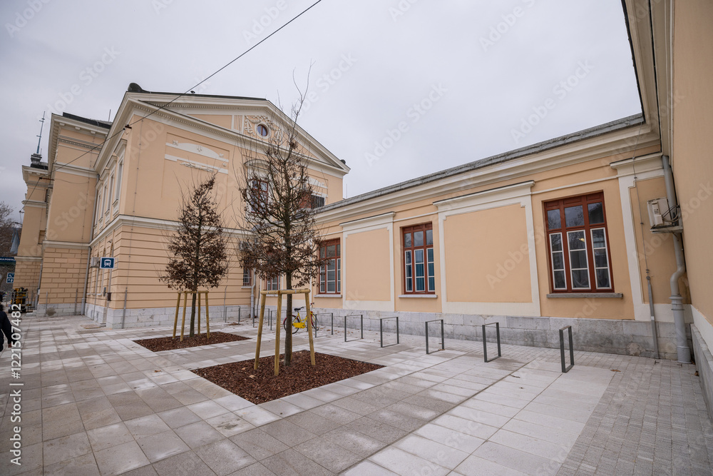 Piazza di unita in front of Nova Gorica train station is being renovated for the upcoming European Culture capital of 2025. Modern platform and square.