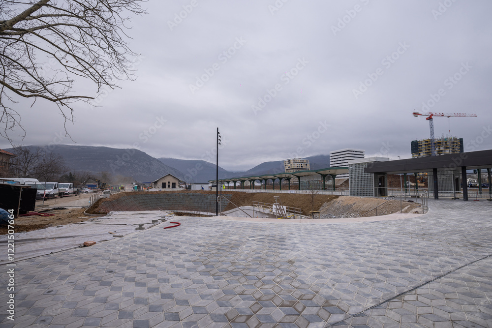 Underpass of train station in Nova Gorica, as part of renovations of European Culture capital of 2025. View of the stairs toward the underpass under the rails.