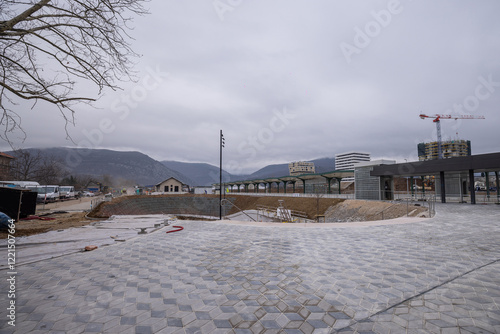 Obraz na płótnie Underpass of train station in Nova Gorica, as part of renovations of European Culture capital of 2025. View of the stairs toward the underpass under the rails. w salonie