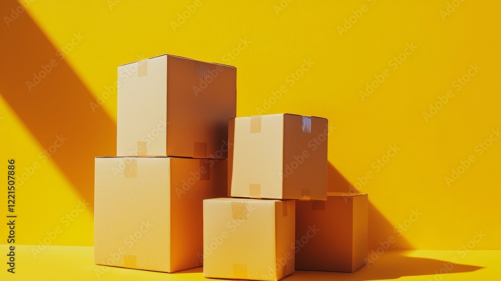 Obraz premium Stack of Cardboard Boxes on a Yellow Background