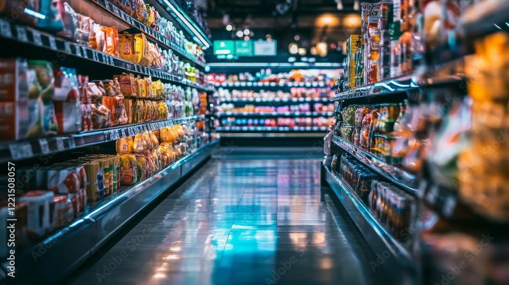 Modern Supermarket Aisle with Vibrant Shelves Modern Supermarket Aisle with Vibrant Shelves