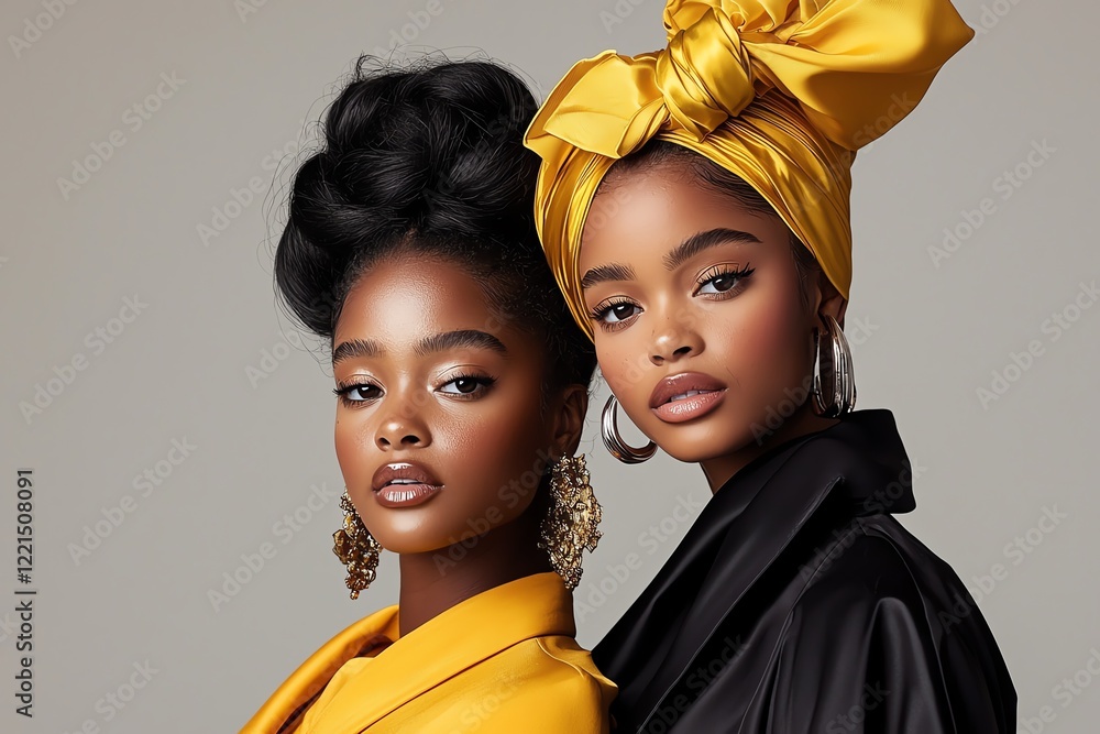 Two elegant women pose confidently, showcasing vibrant fashion and bold accessories Two elegant women pose confidently, showcasing vibrant fashion and bold accessories