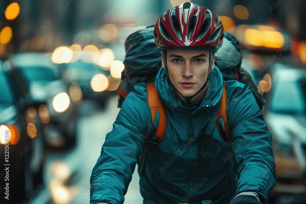 A young man wearing a helmet and backpack cycles through a busy city street. A young man wearing a helmet and backpack cycles through a busy city street.