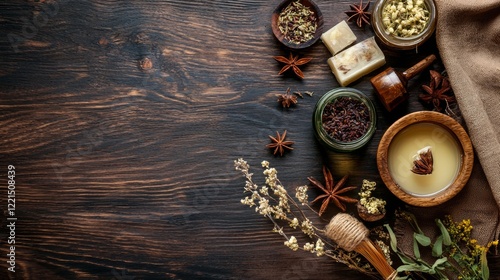 Rustic holiday spices and candles on wood photo