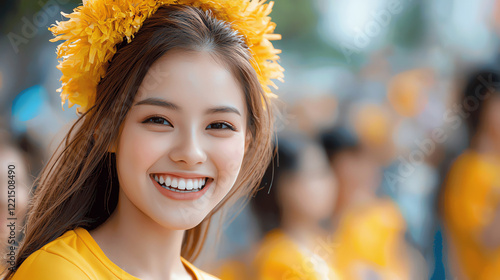 A joyful young woman with a bright smile wearing a yellow floral headband, surrounded by a cheerful crowd. This image captures the essence of happiness and celebration. photo