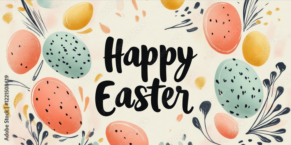 Pastel easter eggs and floral elements surrounding festive greeting, presenting colorful springtime celebration with decorative holiday design