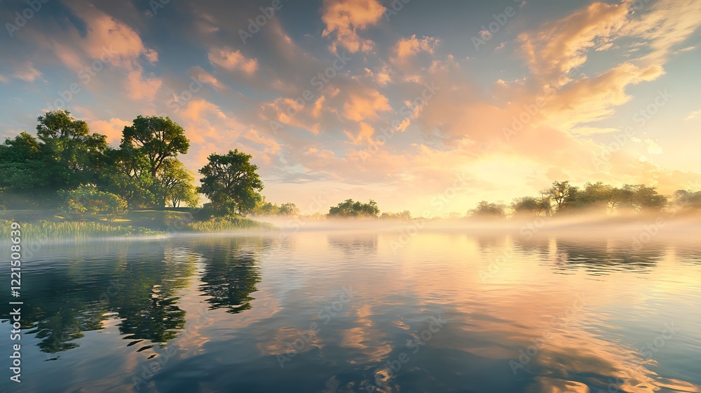 Fototapeta premium Lake at sunrise with fog, peaceful nature scene