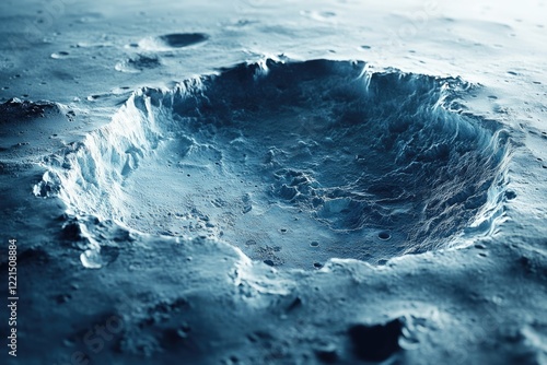 A deep crater on a celestial body, possibly a moon or planet, showing a textured surface with smaller impact craters. photo